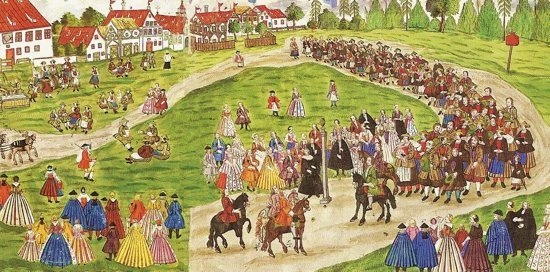 Aquarellbild über Ankunft und Aufenthalt der Emigranten in Augsburg