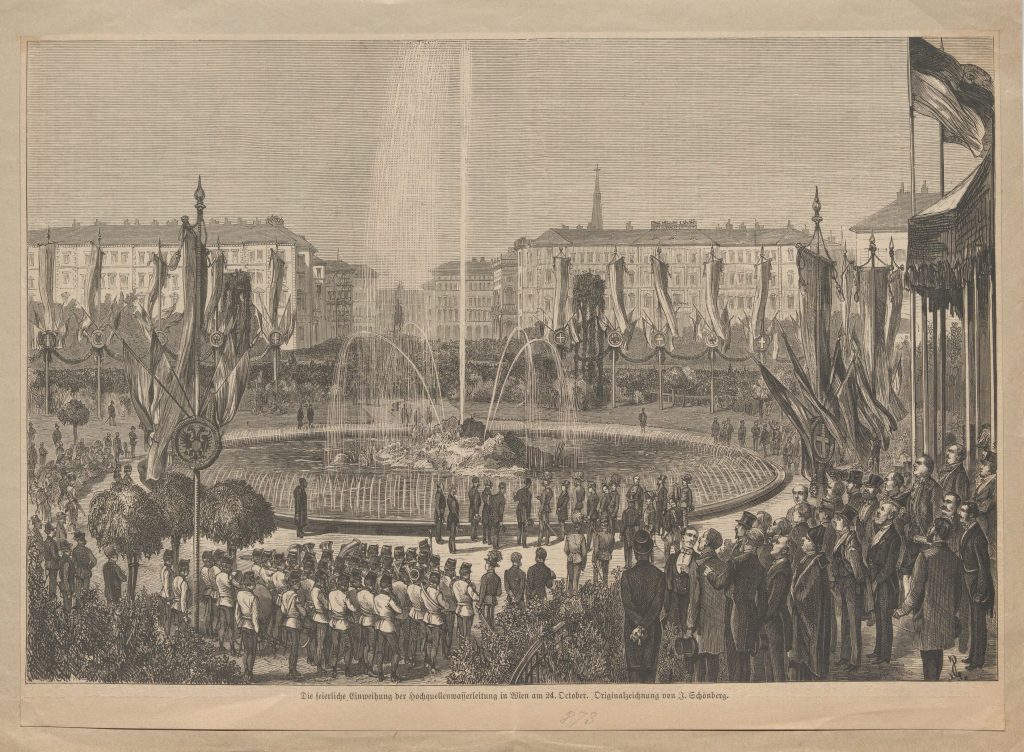 Johann Nepomuk Schönberg (Zeichner), Illustration aus aus Leipziger Illustrirte Zeitung vom 15. November 1873: Die Eröffnung der Ersten Wiener Hochquellenwasserleitung und des Hochstrahlbrunnens am Schwarzenbergplatz, 1873, Wien Museum Inv.-Nr. 199190, CC0 (https://sammlung.wienmuseum.at/objekt/41882/)